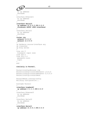 43

 no ip address
 shutdown
!
interface Ethernet1
 no ip address
 shutdown
!
interface Serial0
 ip address 11.0.0.2 255.0.0.0
 clockrate 64000 <DCE interface>
!
interface Serial1
 no ip address
 shutdown
!
router rip
 network 3.0.0.0
 network 11.0.0.0
!
ip kerberos source-interface any
ip classless
ip http server
!
line con 0
 transport input none
line aux 0
line vty 0 4
 password cisco
 login
!
end

similarly in Router1,

Router1(config)#router rip
Router1(config-router)#network 1.0.0.0
Router1(config-router)#network 11.0.0.0
Router1(config-router)#end

Router1#show running-config
Building configuration...

hostname Router1
!
interface Loopback0
 ip address 1.1.1.1 255.0.0.0
!
interface Ethernet0
 no ip address
 shutdown
!
interface Serial0
 no ip address
 shutdown
!
interface Serial1
 ip address 11.0.0.1 255.0.0.0
 