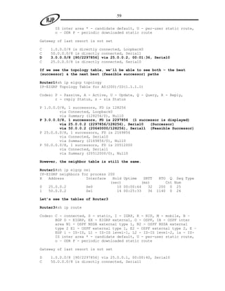 59

       IS inter area * - candidate default, U - per-user static route,
       o – ODR P - periodic downloaded static route

Gateway of last resort is not set

C    1.0.0.0/8 is directly connected, Loopback0
C    50.0.0.0/8 is directly connected, Serial1
D    3.0.0.0/8 [90/2297856] via 25.0.0.2, 00:01:36, Serial0
C    25.0.0.0/8 is directly connected, Serial0

If we see the topology table, we’ll be able to see both – the best
(successor) & the next best (feasible successor) paths

Router1#sh ip eigrp topology
IP-EIGRP Topology Table for AS(200)/ID(1.1.1.1)

Codes: P - Passive, A - Active, U - Update, Q - Query, R - Reply,
       r - reply Status, s - sia Status

P 1.0.0.0/8, 1 successors, FD is 128256
         via Connected, Loopback0
         via Summary (128256/0), Null0
P 3.0.0.0/8, 1 successors, FD is 2297856 (1 successor is displayed)
         via 25.0.0.2 (2297856/128256), Serial0  (Successor)
         via 50.0.0.2 (20640000/128256), Serial1 (Feasible Successor)
P 25.0.0.0/8, 1 successors, FD is 2169856
         via Connected, Serial0
         via Summary (2169856/0), Null0
P 50.0.0.0/8, 1 successors, FD is 20512000
         via Connected, Serial1
         via Summary (20512000/0), Null0

However, the neighbor table is still the same.

Router1#sh ip eigrp nei
IP-EIGRP neighbors for process 200
H   Address          Interface   Hold Uptime    SRTT   RTO   Q Seq Type
                                (sec)          (ms)        Cnt Num
0   25.0.0.2         Se0           10 00:00:44    32    200 0 25
1   50.0.0.2         Se1           14 00:25:33    36   1140 0 24

Let’s see the tables of Router3

Router3#sh ip route

Codes: C - connected, S - static, I - IGRP, R - RIP, M - mobile, B –
       BGP D - EIGRP, EX - EIGRP external, O - OSPF, IA - OSPF inter
       area N1 - OSPF NSSA external type 1, N2 - OSPF NSSA external
       type 2 E1 - OSPF external type 1, E2 - OSPF external type 2, E –
       EGP i - IS-IS, L1 - IS-IS level-1, L2 - IS-IS level-2, ia - IS-
       IS inter area * - candidate default, U - per-user static route,
       o – ODR P - periodic downloaded static route

Gateway of last resort is not set

D    1.0.0.0/8 [90/2297856] via 25.0.0.1, 00:00:40, Serial0
C    50.0.0.0/8 is directly connected, Serial1
 