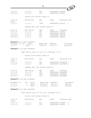 78

2.2.2.2          3.3.3.3           256          0x80000001 0x5F88
50.0.0.0         3.3.3.3           256          0x80000002 0xA5D7

                  Router Link States (Area 1)

Link ID          ADV Router        Age          Seq#         Checksum Link
count
1.1.1.1          1.1.1.1           1486         0x80000002 0xD152       1

                  Summary Net Link States (Area 1)

Link ID          ADV Router        Age          Seq#         Checksum
2.2.2.2          1.1.1.1           252          0x80000001   0x1E91
3.3.3.3          1.1.1.1           253          0x80000001   0x6D7E
25.0.0.0         1.1.1.1           253          0x80000002   0x2876
50.0.0.0         1.1.1.1           253          0x80000001   0x66DF


Router2#sh ip ospf neighbor
Neighbor ID Pri    State           Dead Time    Address          Interface
3.3.3.3      1   FULL/ -           00:00:31     50.0.0.1         Serial0/0

Router2#sh ip ospf database

              OSPF Router with ID (2.2.2.2) (Process ID 2)

                  Router Link States (Area 2)

Link ID          ADV Router        Age          Seq#         Checksum Link
count
2.2.2.2          2.2.2.2           406          0x80000003 0x00D036 3
3.3.3.3          3.3.3.3           400          0x80000004 0x009288 2

                  Summary Net Link States (Area 2)

Link ID          ADV Router        Age          Seq#         Checksum
1.1.1.1          3.3.3.3           390          0x80000001   0x008D5E
3.3.3.3          3.3.3.3           1620         0x80000001   0x00AE75
25.0.0.0         3.3.3.3           390          0x80000002   0x00EBAA

Router3#sh ip ospf neighbor

Neighbor ID      Pri   State       Dead Time    Address           Interface
1.1.1.1            1   FULL/   -   00:00:38     25.0.0.1          Serial1
2.2.2.2            1   FULL/   -   00:00:32     50.0.0.2          Serial0

Router3#sh ip ospf database

              OSPF Router with ID (3.3.3.3) (Process ID 3)

                  Router Link States (Area 0)

Link ID          ADV Router        Age          Seq#         Checksum Link
count
1.1.1.1          1.1.1.1           532          0x80000003 0x5EFB       2
3.3.3.3          3.3.3.3           530          0x80000005 0xD061       3
 