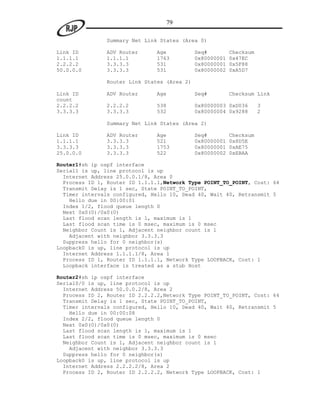 79

                Summary Net Link States (Area 0)

Link ID        ADV Router      Age            Seq#         Checksum
1.1.1.1        1.1.1.1         1763           0x80000001   0x47EC
2.2.2.2        3.3.3.3         531            0x80000001   0x5F88
50.0.0.0       3.3.3.3         531            0x80000002   0xA5D7

                Router Link States (Area 2)

Link ID        ADV Router      Age            Seq#         Checksum Link
count
2.2.2.2        2.2.2.2         538            0x80000003 0xD036       3
3.3.3.3        3.3.3.3         532            0x80000004 0x9288       2

                Summary Net Link States (Area 2)

Link ID        ADV Router      Age            Seq#         Checksum
1.1.1.1        3.3.3.3         521            0x80000001   0x8D5E
3.3.3.3        3.3.3.3         1753           0x80000001   0xAE75
25.0.0.0       3.3.3.3         522            0x80000002   0xEBAA

Router1#sh ip ospf interface
Serial1 is up, line protocol is up
  Internet Address 25.0.0.1/8, Area 0
  Process ID 1, Router ID 1.1.1.1,Network Type POINT_TO_POINT, Cost: 64
  Transmit Delay is 1 sec, State POINT_TO_POINT,
  Timer intervals configured, Hello 10, Dead 40, Wait 40, Retransmit 5
    Hello due in 00:00:01
  Index 1/2, flood queue length 0
  Next 0x0(0)/0x0(0)
  Last flood scan length is 1, maximum is 1
  Last flood scan time is 0 msec, maximum is 0 msec
  Neighbor Count is 1, Adjacent neighbor count is 1
    Adjacent with neighbor 3.3.3.3
  Suppress hello for 0 neighbor(s)
Loopback0 is up, line protocol is up
  Internet Address 1.1.1.1/8, Area 1
  Process ID 1, Router ID 1.1.1.1, Network Type LOOPBACK, Cost: 1
  Loopback interface is treated as a stub Host

Router2#sh ip ospf interface
Serial0/0 is up, line protocol is up
  Internet Address 50.0.0.2/8, Area 2
  Process ID 2, Router ID 2.2.2.2,Network Type POINT_TO_POINT, Cost: 64
  Transmit Delay is 1 sec, State POINT_TO_POINT,
  Timer intervals configured, Hello 10, Dead 40, Wait 40, Retransmit 5
    Hello due in 00:00:08
  Index 2/2, flood queue length 0
  Next 0x0(0)/0x0(0)
  Last flood scan length is 1, maximum is 1
  Last flood scan time is 0 msec, maximum is 0 msec
  Neighbor Count is 1, Adjacent neighbor count is 1
    Adjacent with neighbor 3.3.3.3
  Suppress hello for 0 neighbor(s)
Loopback0 is up, line protocol is up
  Internet Address 2.2.2.2/8, Area 2
  Process ID 2, Router ID 2.2.2.2, Network Type LOOPBACK, Cost: 1
 