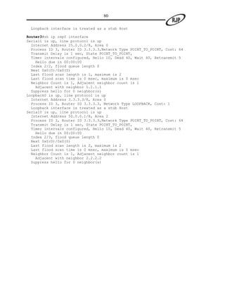 80

 Loopback interface is treated as a stub Host

Router3#sh ip ospf interface
Serial1 is up, line protocol is up
  Internet Address 25.0.0.2/8, Area 0
  Process ID 3, Router ID 3.3.3.3,Network Type POINT_TO_POINT, Cost:   64
  Transmit Delay is 1 sec, State POINT_TO_POINT,
  Timer intervals configured, Hello 10, Dead 40, Wait 40, Retransmit   5
    Hello due in 00:00:00
  Index 2/2, flood queue length 0
  Next 0x0(0)/0x0(0)
  Last flood scan length is 1, maximum is 2
  Last flood scan time is 0 msec, maximum is 0 msec
  Neighbor Count is 1, Adjacent neighbor count is 1
    Adjacent with neighbor 1.1.1.1
  Suppress hello for 0 neighbor(s)
Loopback0 is up, line protocol is up
  Internet Address 3.3.3.3/8, Area 0
  Process ID 3, Router ID 3.3.3.3, Network Type LOOPBACK, Cost: 1
  Loopback interface is treated as a stub Host
Serial0 is up, line protocol is up
  Internet Address 50.0.0.1/8, Area 2
  Process ID 3, Router ID 3.3.3.3,Network Type POINT_TO_POINT, Cost:   64
  Transmit Delay is 1 sec, State POINT_TO_POINT,
  Timer intervals configured, Hello 10, Dead 40, Wait 40, Retransmit   5
    Hello due in 00:00:00
  Index 2/3, flood queue length 0
  Next 0x0(0)/0x0(0)
  Last flood scan length is 2, maximum is 2
  Last flood scan time is 0 msec, maximum is 0 msec
  Neighbor Count is 1, Adjacent neighbor count is 1
    Adjacent with neighbor 2.2.2.2
  Suppress hello for 0 neighbor(s)
 