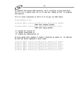 93

To observe the Static NAT function, we’ll initiate a ping from host
10.0.0.2 to a remote host 20.0.0.10 and use “debug ip nat” to display
the details.

10.0.0.2 must translate to 200.0.0.10 as per our NAT table.

Router1#debug ip nat

01:54:09: NAT*: s=10.0.0.2->200.0.0.10, d=20.0.0.10 [63104]
                        ICMP echo request packet
01:54:09: NAT*: s=20.0.0.10, d=200.0.0.10->10.0.0.2 [274]
                        ICMP echo reply packet

“s” stands for source IP
“->” means translated to
“d” stands for destination IP

As ping sends echo request 4 times & receives an equal no. of replies,
we see the above repeated 3 more times.

01:54:10:   NAT*:   s=10.0.0.2->200.0.0.10, d=20.0.0.10   [63107]
01:54:10:   NAT*:   s=20.0.0.10, d=200.0.0.10->10.0.0.2   [275]
01:54:11:   NAT*:   s=10.0.0.2->200.0.0.10, d=20.0.0.10   [63111]
01:54:11:   NAT*:   s=20.0.0.10, d=200.0.0.10->10.0.0.2   [276]
01:54:12:   NAT*:   s=10.0.0.2->200.0.0.10, d=20.0.0.10   [63114]
01:54:12:   NAT*:   s=20.0.0.10, d=200.0.0.10->10.0.0.2   [273]
 