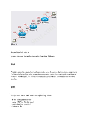 Syntax fordefaultroute is:
iproute <Remote_Network><Netmask><Next_Hop_Address>.
DHCP
An addressconflictoccurswhentwohostsuse the same IP address.Duringaddressassignment,
DHCP checksfor conflictsusingpingandgratuitousARP.If a conflictisdetected,the addressis
removedfromthe pool.The addresswill notbe assigneduntil the administratorresolvesthe
conflict.
OSPF
In ospf these entries must match on neighboring routers:
- Hello and dead intervals
– Area ID (Area 0 in this case)
– Authentication password
– Stub area flag
 