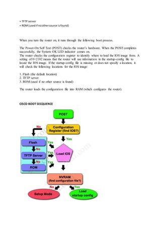 + TFTP server
+ ROM(usedif noothersource isfound)
When you turn the router on, it runs through the following boot process.
The Power-On Self Test (POST) checks the router’s hardware. When the POST completes
successfully, the System OK LED indicator comes on.
The router checks the configuration register to identify where to load the IOS image from. A
setting of 0×2102 means that the router will use information in the startup-config file to
locate the IOS image. If the startup-config file is missing or does not specify a location, it
will check the following locations for the IOS image:
1. Flash (the default location)
2. TFTP server
3. ROM (used if no other source is found)
The router loads the configuration file into RAM (which configures the router).
CISCO BOOT SECQUENCE
 