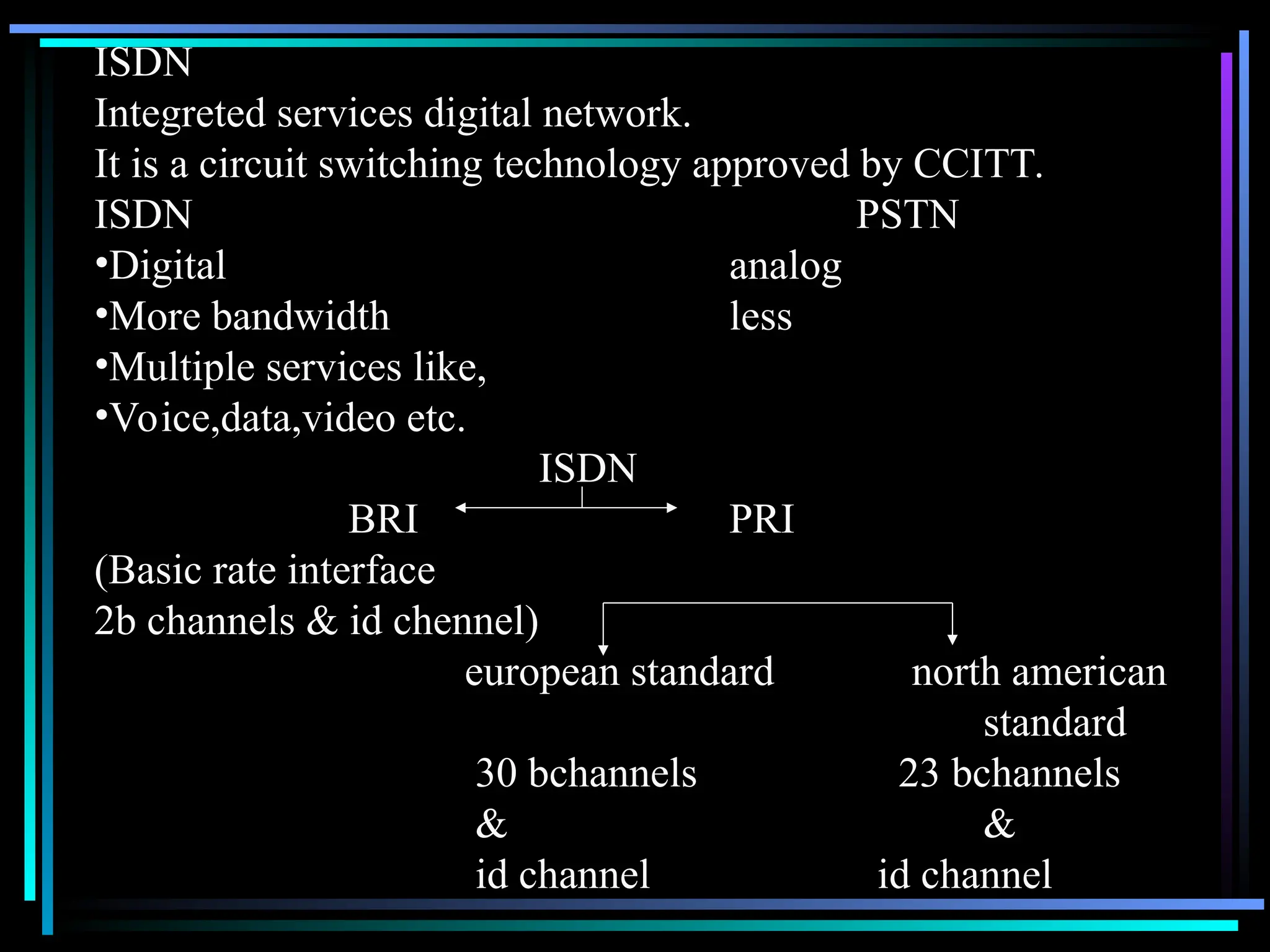 ISDN
Integreted services digital network.
It is a circuit switching technology approved by CCITT.
ISDN PSTN
•Digital analog
•More bandwidth less
•Multiple services like,
•Voice,data,video etc.
ISDN
BRI PRI
(Basic rate interface
2b channels & id chennel)
european standard north american
standard
30 bchannels 23 bchannels
& &
id channel id channel
 