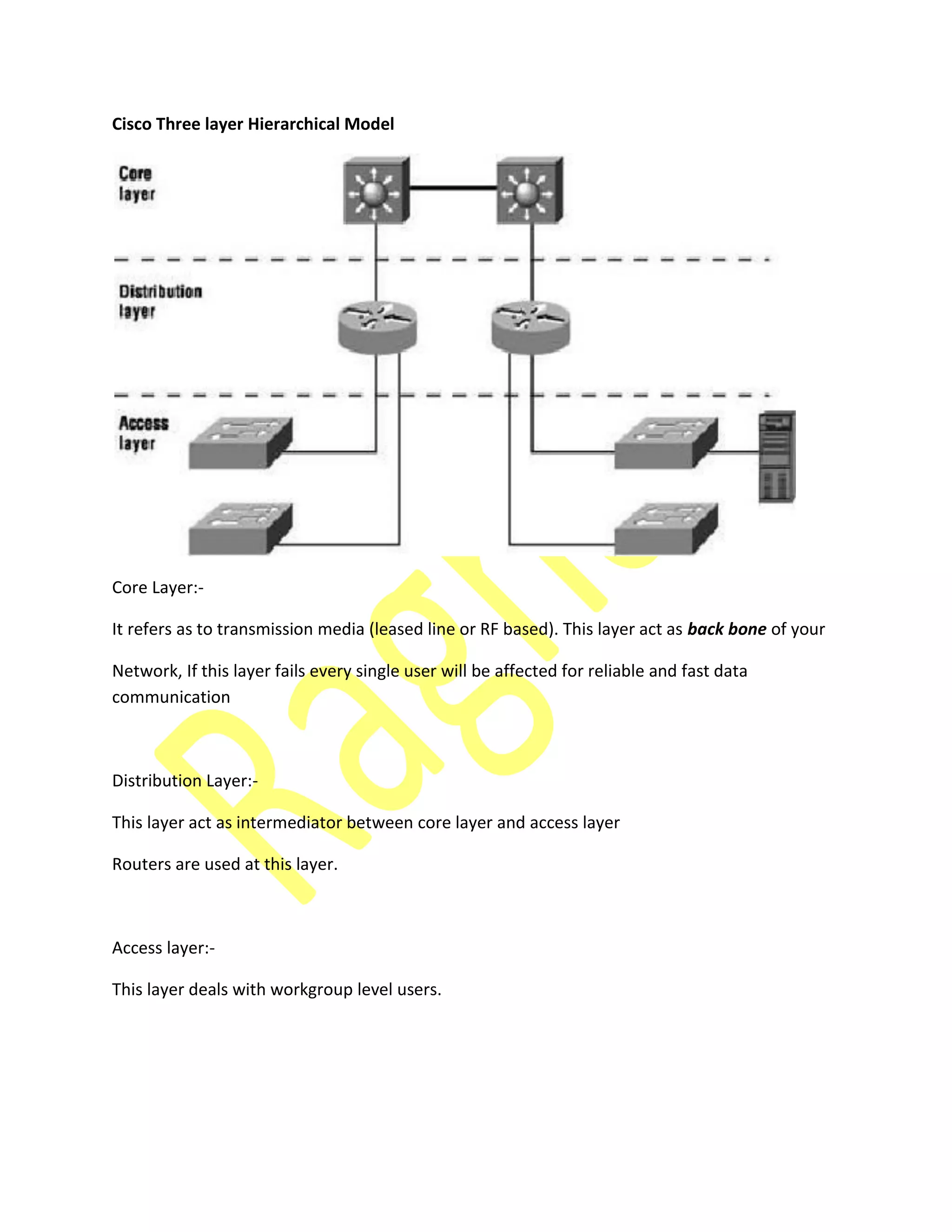 Cisco Three layer Hierarchical Model
Core Layer:-
It refers as to transmission media (leased line or RF based). This layer act as back bone of your
Network, If this layer fails every single user will be affected for reliable and fast data
communication
Distribution Layer:-
This layer act as intermediator between core layer and access layer
Routers are used at this layer.
Access layer:-
This layer deals with workgroup level users.
 