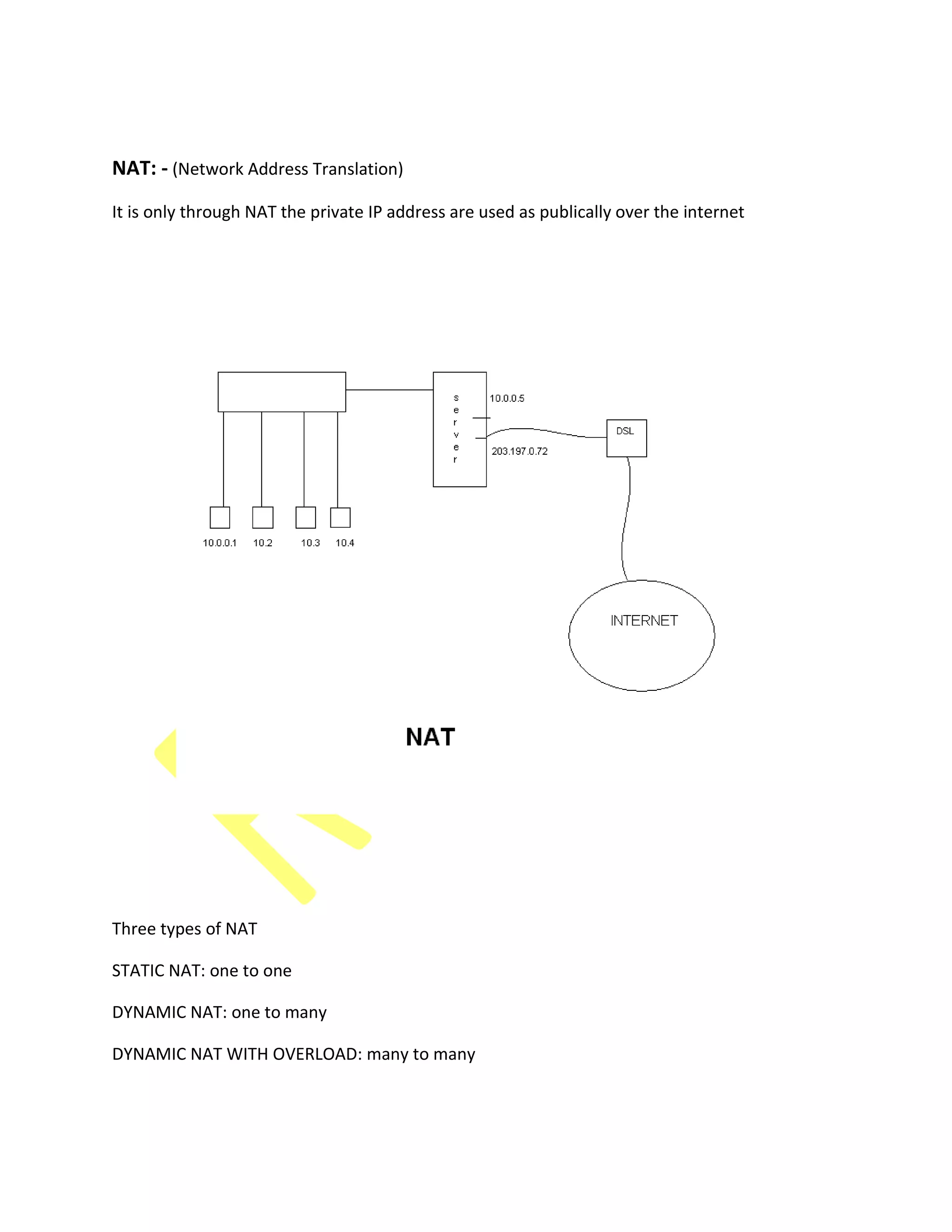 NAT: - (Network Address Translation)
It is only through NAT the private IP address are used as publically over the internet
Three types of NAT
STATIC NAT: one to one
DYNAMIC NAT: one to many
DYNAMIC NAT WITH OVERLOAD: many to many
 