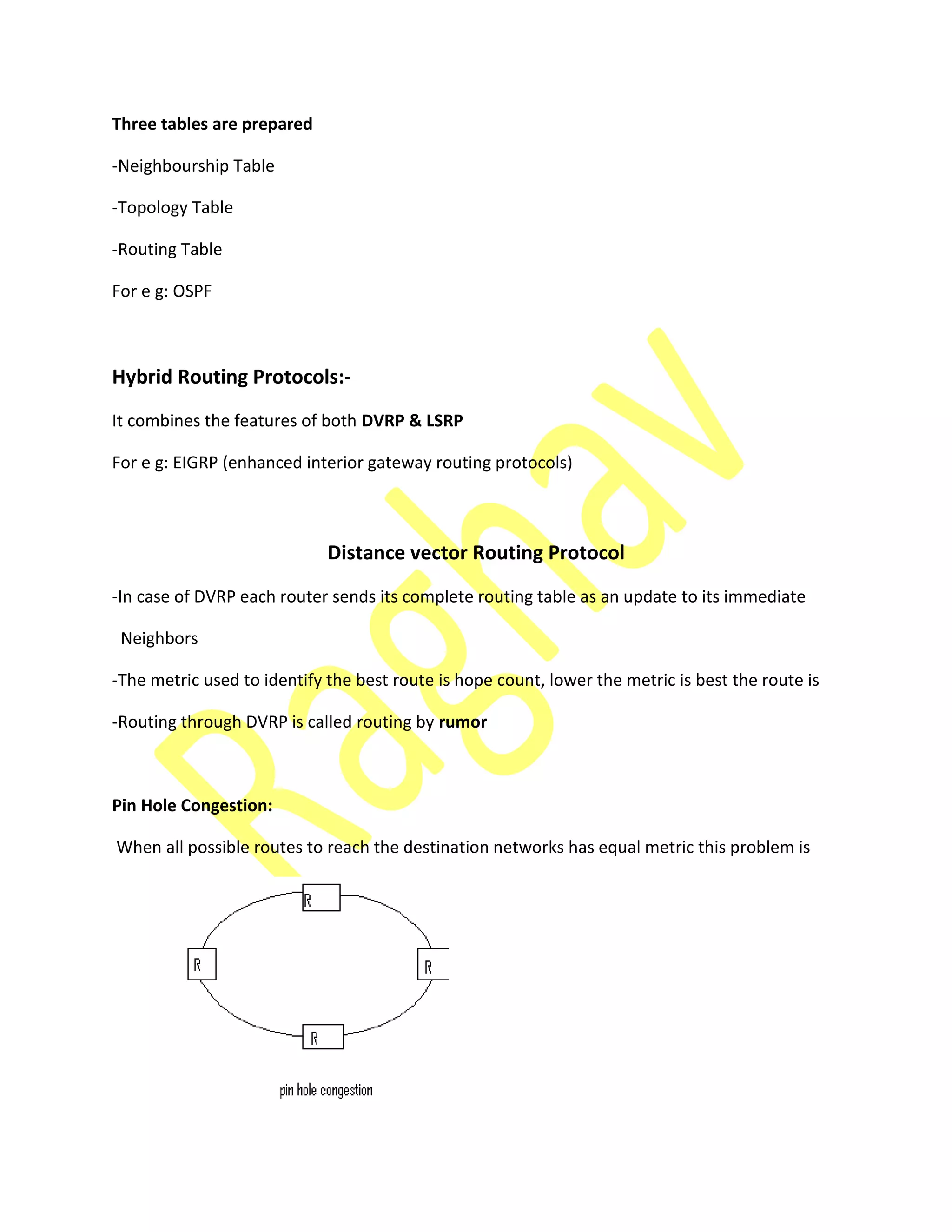 Three tables are prepared
-Neighbourship Table
-Topology Table
-Routing Table
For e g: OSPF
Hybrid Routing Protocols:-
It combines the features of both DVRP & LSRP
For e g: EIGRP (enhanced interior gateway routing protocols)
Distance vector Routing Protocol
-In case of DVRP each router sends its complete routing table as an update to its immediate
Neighbors
-The metric used to identify the best route is hope count, lower the metric is best the route is
-Routing through DVRP is called routing by rumor
Pin Hole Congestion:
When all possible routes to reach the destination networks has equal metric this problem is
 