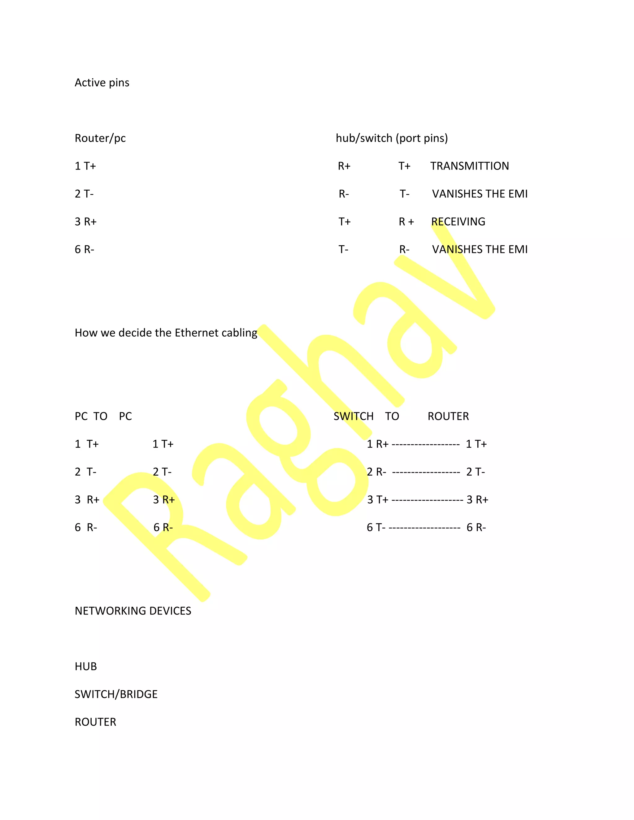 Active pins
Router/pc hub/switch (port pins)
1 T+ R+ T+ TRANSMITTION
2 T- R- T- VANISHES THE EMI
3 R+ T+ R + RECEIVING
6 R- T- R- VANISHES THE EMI
How we decide the Ethernet cabling
PC TO PC SWITCH TO ROUTER
1 T+ 1 T+ 1 R+ ------------------ 1 T+
2 T- 2 T- 2 R- ------------------ 2 T-
3 R+ 3 R+ 3 T+ ------------------- 3 R+
6 R- 6 R- 6 T- ------------------- 6 R-
NETWORKING DEVICES
HUB
SWITCH/BRIDGE
ROUTER
 