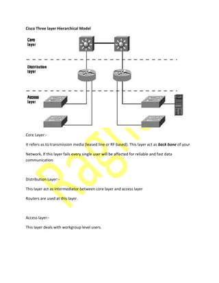 Cisco Three layer Hierarchical Model
Core Layer:-
It refers as to transmission media (leased line or RF based). This layer act as back bone of your
Network, If this layer fails every single user will be affected for reliable and fast data
communication
Distribution Layer:-
This layer act as intermediator between core layer and access layer
Routers are used at this layer.
Access layer:-
This layer deals with workgroup level users.
 