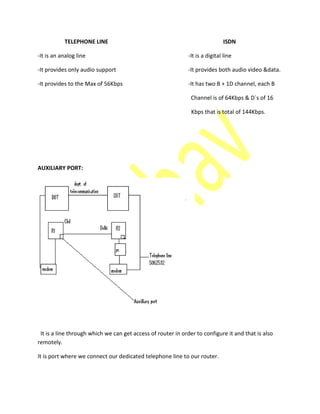 TELEPHONE LINE ISDN
-It is an analog line -It is a digital line
-It provides only audio support -It provides both audio video &data.
-It provides to the Max of 56Kbps -It has two B + 1D channel, each B
Channel is of 64Kbps & D`s of 16
Kbps that is total of 144Kbps.
AUXILIARY PORT:
It is a line through which we can get access of router in order to configure it and that is also
remotely.
It is port where we connect our dedicated telephone line to our router.
 