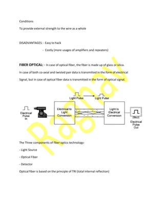 Conditions
To provide external strength to the wire as a whole
DISADVANTAGES: - Easy to hack
- Costly (more usages of amplifiers and repeaters)
FIBER OPTICAL: - In case of optical fiber, the fiber is made up of glass or silica.
In case of both co-axial and twisted pair data is transmitted in the form of electrical
Signal, but in case of optical fiber data is transmitted in the form of optical signal.
The Three components of fiber optics technology:
- Light Source
- Optical Fiber
- Detector
Optical fiber is based on the principle of TRI (total internal reflection)
 