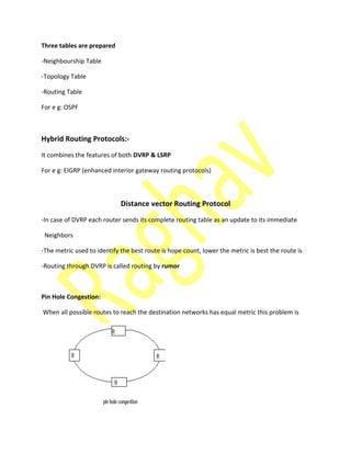 Three tables are prepared
-Neighbourship Table
-Topology Table
-Routing Table
For e g: OSPF
Hybrid Routing Protocols:-
It combines the features of both DVRP & LSRP
For e g: EIGRP (enhanced interior gateway routing protocols)
Distance vector Routing Protocol
-In case of DVRP each router sends its complete routing table as an update to its immediate
Neighbors
-The metric used to identify the best route is hope count, lower the metric is best the route is
-Routing through DVRP is called routing by rumor
Pin Hole Congestion:
When all possible routes to reach the destination networks has equal metric this problem is
 