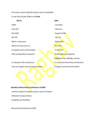 -The metric used to identify the best route is bandwidth
-It uses the concept of As no and Area
RIP V1 OSPF
-DVRP -Link State
-Class full -Class less
-No VLSM -Support VLSM
-AD 120 -AD 110
-Metric –Hop count -Bandwidth
-Maximum Hop count 15 -No Limit
-It supports auto summarization -It does not
-Only routing table is prepared -Three tables are prepared
Neighbourship, topology, routing
-It is based on flat architecture -It is based on hierarchical architecture
-It do not support manual summarization -It support manual summarization
Benefits of Hierarchical architecture of OSPF:
-confines network instability only to a part of network
-Reduced routing overload
-Scalability and flexibility
Hierarchical Architecture of OSPF
 
