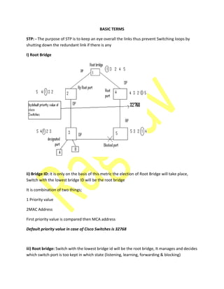 BASIC TERMS
STP: - The purpose of STP is to keep an eye overall the links thus prevent Switching loops by
shutting down the redundant link if there is any
I) Root Bridge
ii) Bridge ID: it is only on the basis of this metric the election of Root Bridge will take place,
Switch with the lowest bridge ID will be the root bridge
It is combination of two things;
1 Priority value
2MAC Address
First priority value is compared then MCA address
Default priority value in case of Cisco Switches is 32768
iii) Root bridge: Switch with the lowest bridge id will be the root bridge, It manages and decides
which switch port is too kept in which state (listening, learning, forwarding & blocking)
 