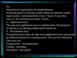 Iso International organization for standardization Iso has designed a reference model called osi reference model  (open system  interconnection). It has 7 layers. It says that  Any n/w for comunication needs 7 layers Application layer The user uses application layer to send the data. The protocols @ this layer are ftp,http,smtp(e-mail) telenet etc. Presentation layer Presentation layer takes the data from application layer and present In different formats for securing reason. The services offered @ This layer are Compression – decompression Coding – decoding Encryption - decryption 