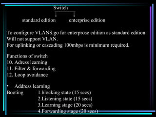 Switch  standard edition enterprise edition To configure VLANS,go for enterprose edition as standard edition Will not support VLAN. For uplinking or cascading 100mbps is minimum required. Functions of switch Adress learning  Filter & forwarding Loop avoidance Address learning Booting 1.blocking state (15 secs) 2.Listening state (15 secs) 3.Learning stage (20 secs) 4.Forwarding stage (20 secs) 