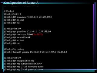 Configuration of Router A  -------------------------------- # Config t (Config)# int E 0 (Config-if)#   ip address 192.168.1.50  255.255.255.0 (Config-if)# no shut (Config-if)# exit (Config)# int S 0 (Config-if)# ip address 172.16.1.1  255.255.0.0 (Config-if)# clock rate 56000 (for DCE) (Config-if)# bandwidth 64 (Config-if)# no shut (Config-if)# exit (Config)# ip routing (Config-Router)# ip route 192.168.5.0 255.255.255.0 172.16.1.2 (Config)# int S 0 (Config-if)# encapsulation ppp (Config-if)# ppp authentication CHAP (Config-if)# ppp CHAP hostname zoom  (Config-if)# ppp CHAP password cisco 