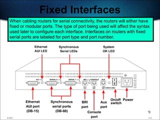Fixed Interfaces
When cabling routers for serial connectivity, the routers will either have
fixed or modular ports. The type of port being used will affect the syntax
used later to configure each interface. Interfaces on routers with fixed
serial ports are labeled for port type and port number.




                                                                       170
 