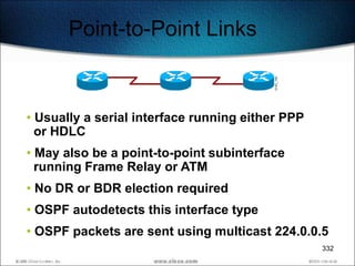 Point-to-Point Links


• Usually a serial interface running either PPP
  or HDLC
• May also be a point-to-point subinterface
  running Frame Relay or ATM
• No DR or BDR election required
• OSPF autodetects this interface type
• OSPF packets are sent using multicast 224.0.0.5
                                                  332
 