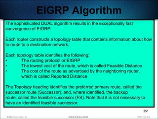 EIGRP Algorithm
The sophisticated DUAL algorithm results in the exceptionally fast
convergence of EIGRP.

Each router constructs a topology table that contains information about how
to route to a destination network.

Each topology table identifies the following:
•      The routing protocol or EIGRP
•      The lowest cost of the route, which is called Feasible Distance
•      The cost of the route as advertised by the neighboring router,
       which is called Reported Distance

The Topology heading identifies the preferred primary route, called the
successor route (Successor), and, where identified, the backup
route, called the feasible successor (FS). Note that it is not necessary to
have an identified feasible successor.
                                                                          351
 