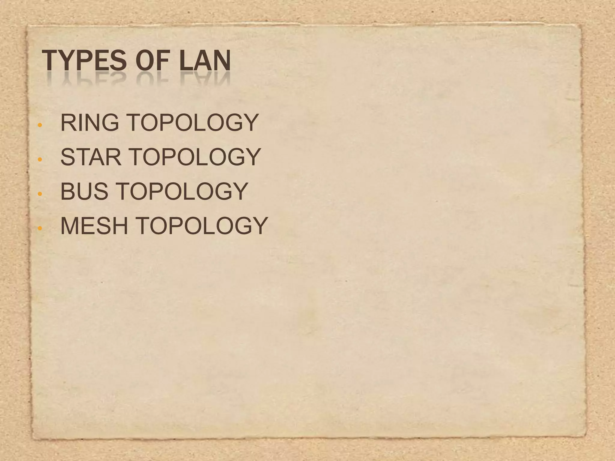 TYPES OF LAN
•
•
•
•
RING TOPOLOGY
STAR TOPOLOGY
BUS TOPOLOGY
MESH TOPOLOGY