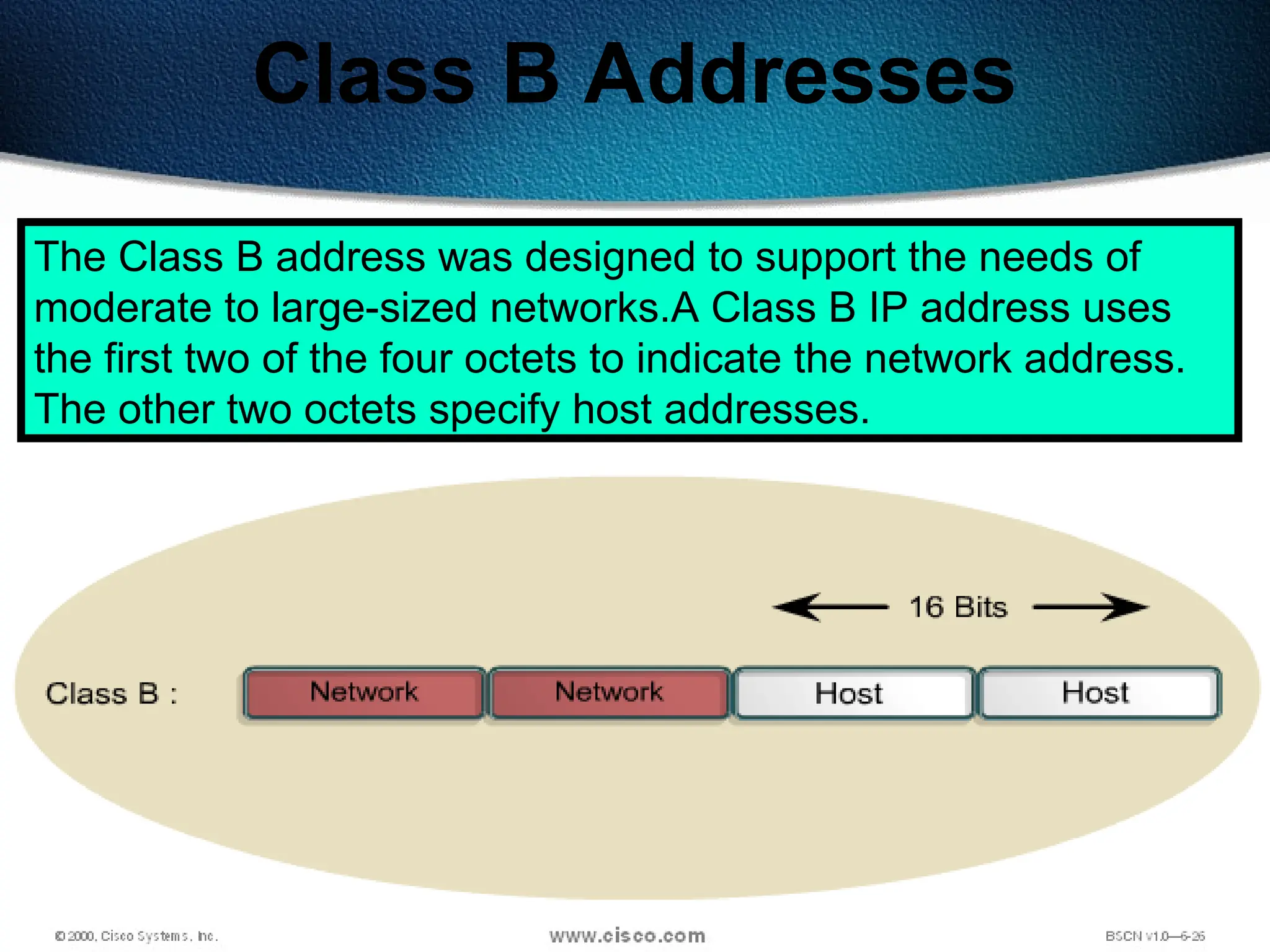 134
Class B Addresses
The Class B address was designed to support the needs of
moderate to large-sized networks.A Class B IP address uses
the first two of the four octets to indicate the network address.
The other two octets specify host addresses.
 