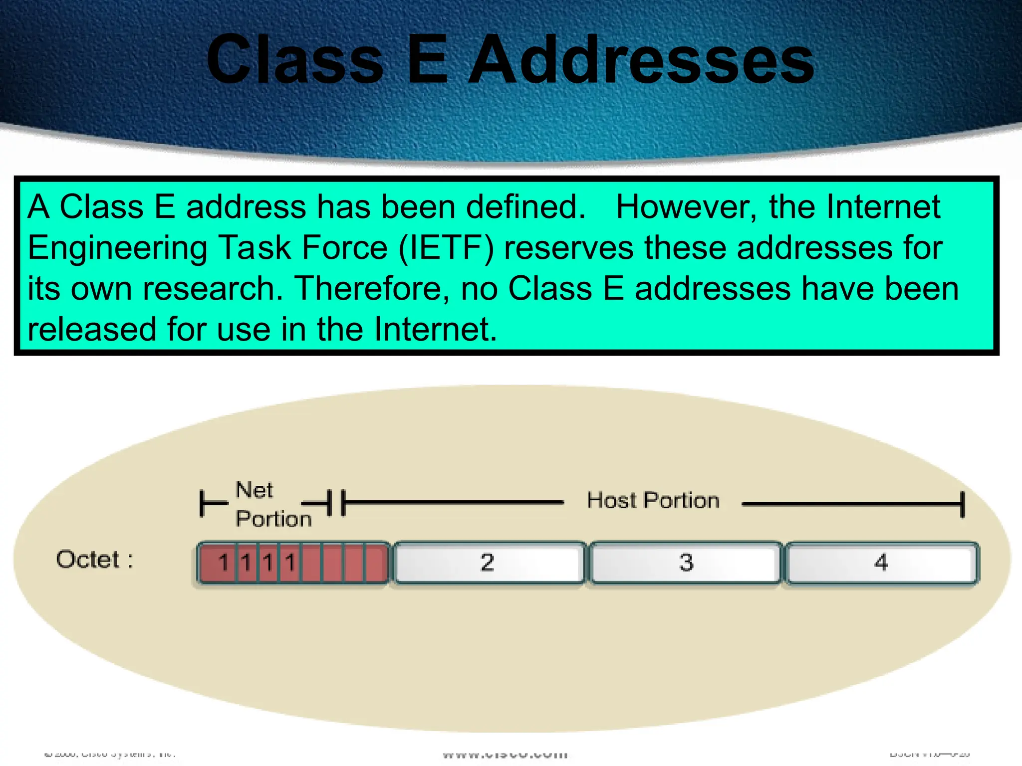 137
Class E Addresses
A Class E address has been defined. However, the Internet
Engineering Task Force (IETF) reserves these addresses for
its own research. Therefore, no Class E addresses have been
released for use in the Internet.
 