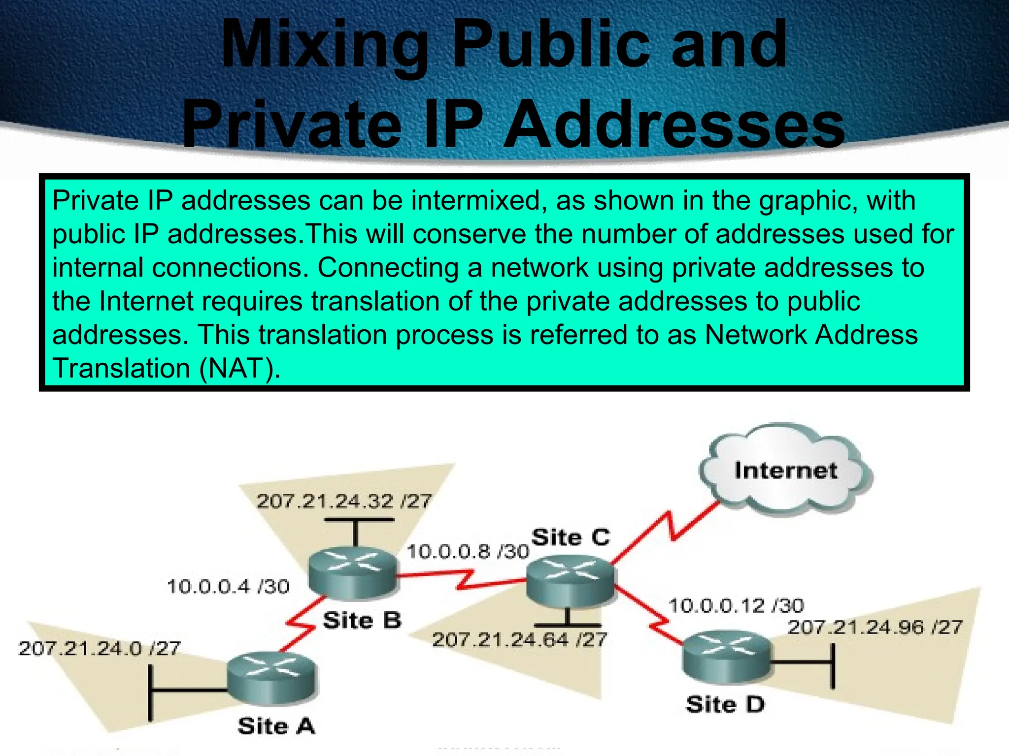 146
Mixing Public and
Private IP Addresses
Private IP addresses can be intermixed, as shown in the graphic, with
public IP addresses.This will conserve the number of addresses used for
internal connections. Connecting a network using private addresses to
the Internet requires translation of the private addresses to public
addresses. This translation process is referred to as Network Address
Translation (NAT).
 