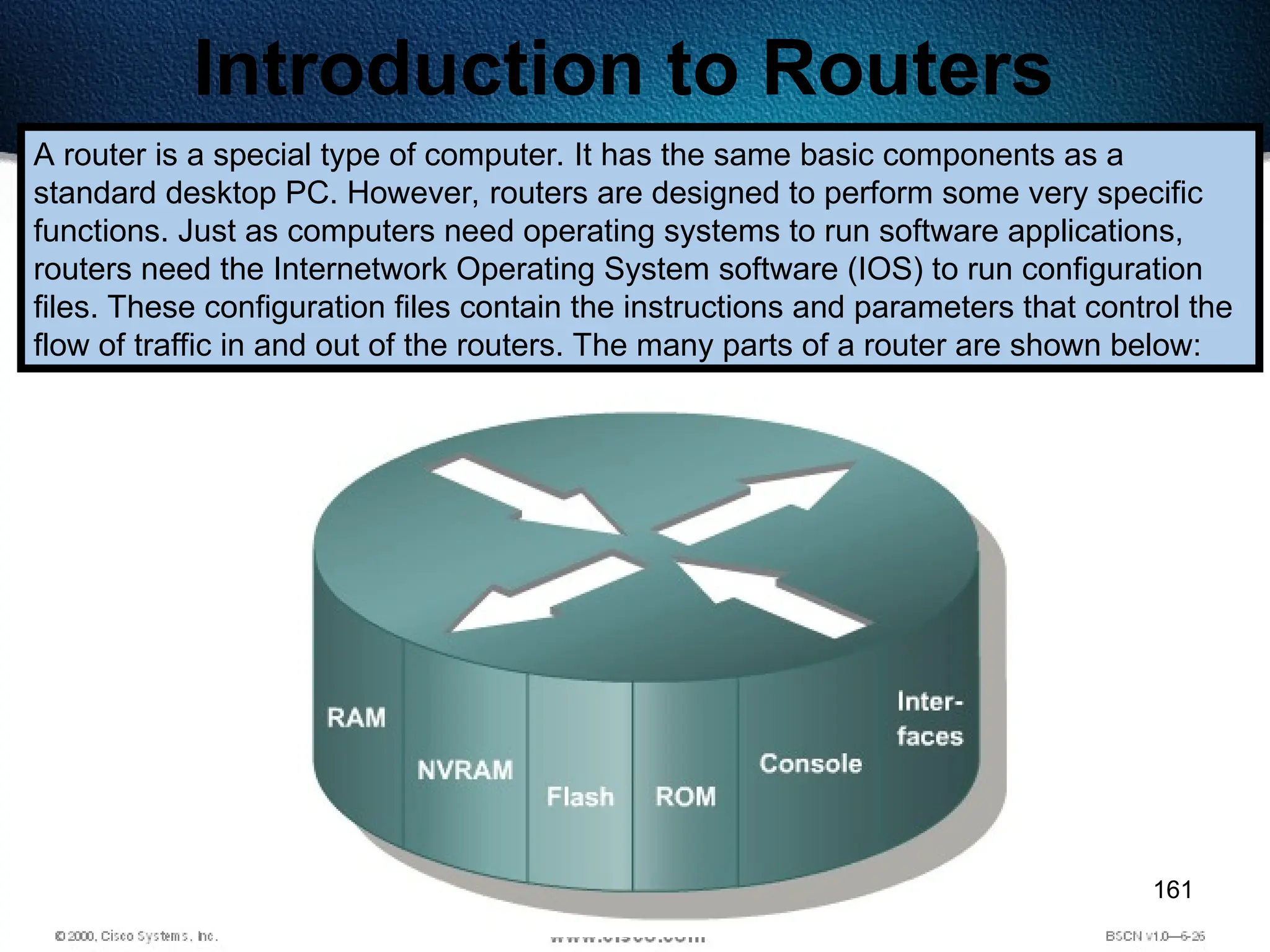 161
Introduction to Routers
A router is a special type of computer. It has the same basic components as a
standard desktop PC. However, routers are designed to perform some very specific
functions. Just as computers need operating systems to run software applications,
routers need the Internetwork Operating System software (IOS) to run configuration
files. These configuration files contain the instructions and parameters that control the
flow of traffic in and out of the routers. The many parts of a router are shown below:
 