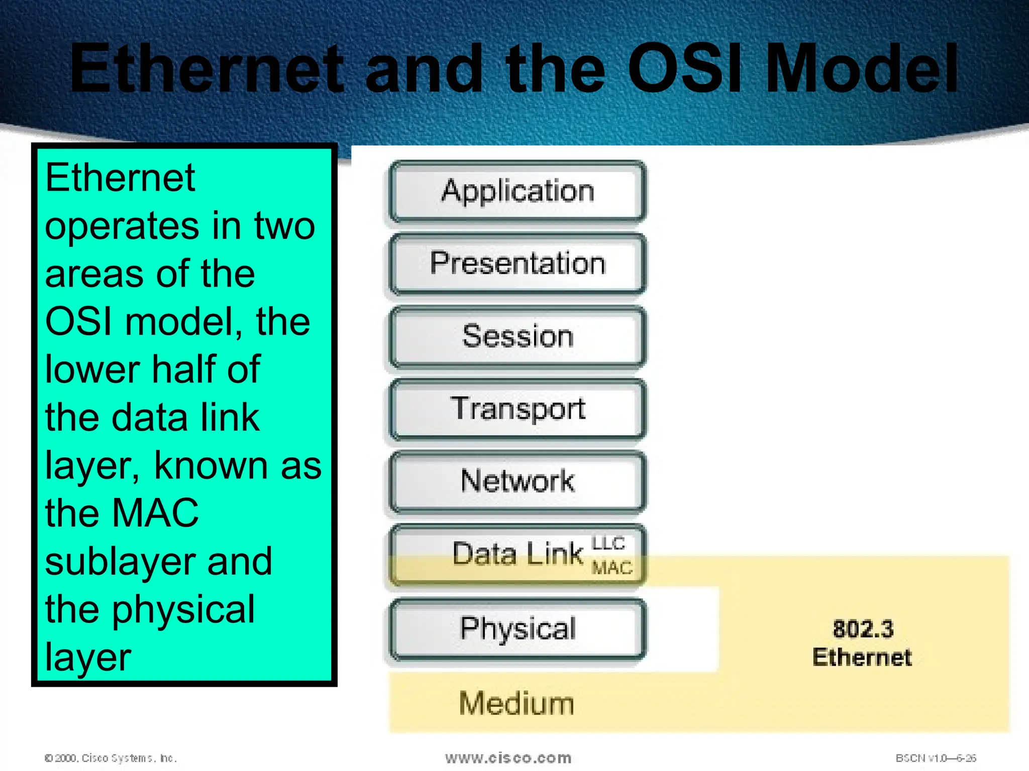 210
Ethernet and the OSI Model
Ethernet
operates in two
areas of the
OSI model, the
lower half of
the data link
layer, known as
the MAC
sublayer and
the physical
layer
 