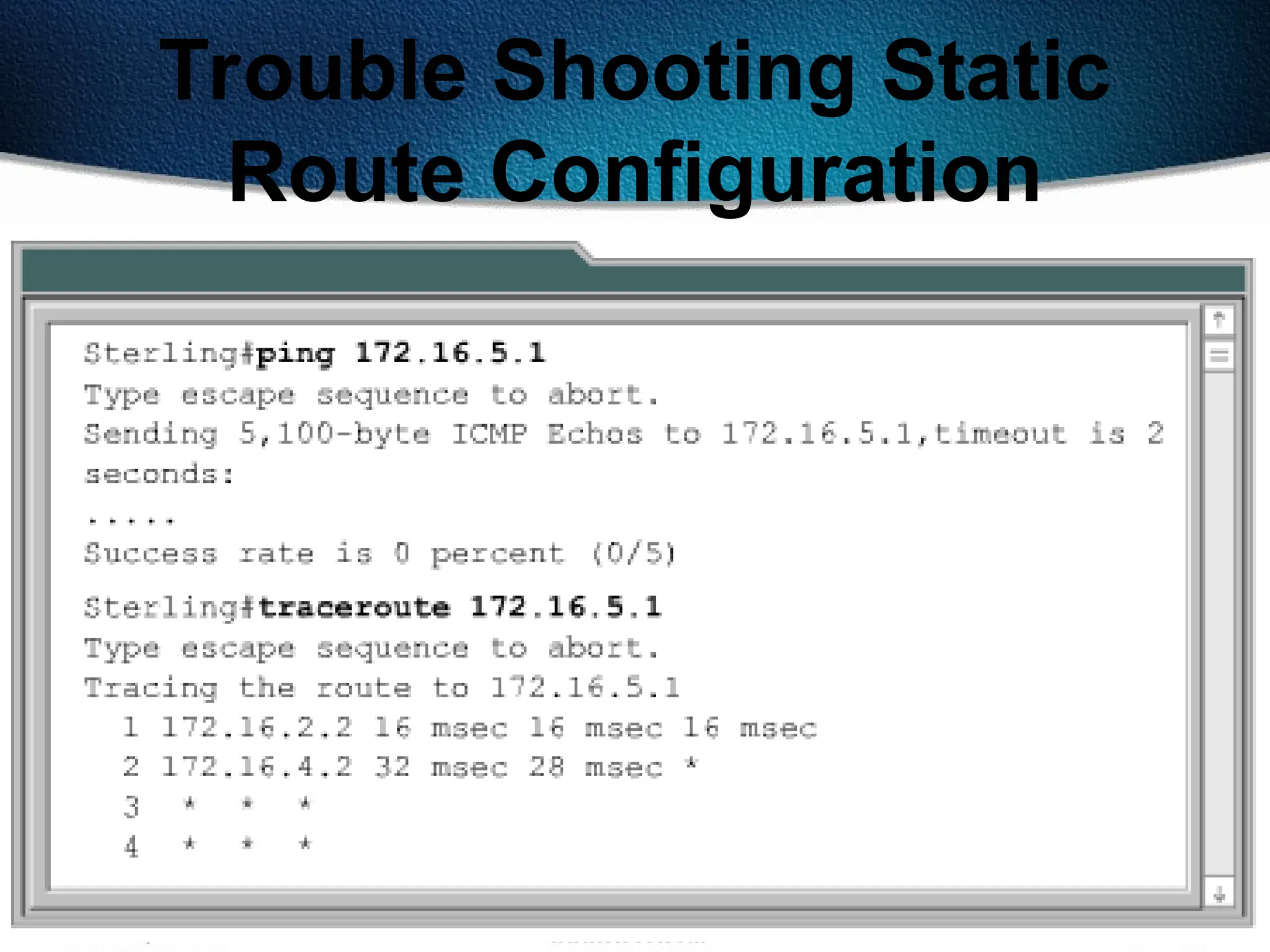 242
Trouble Shooting Static
Route Configuration
 