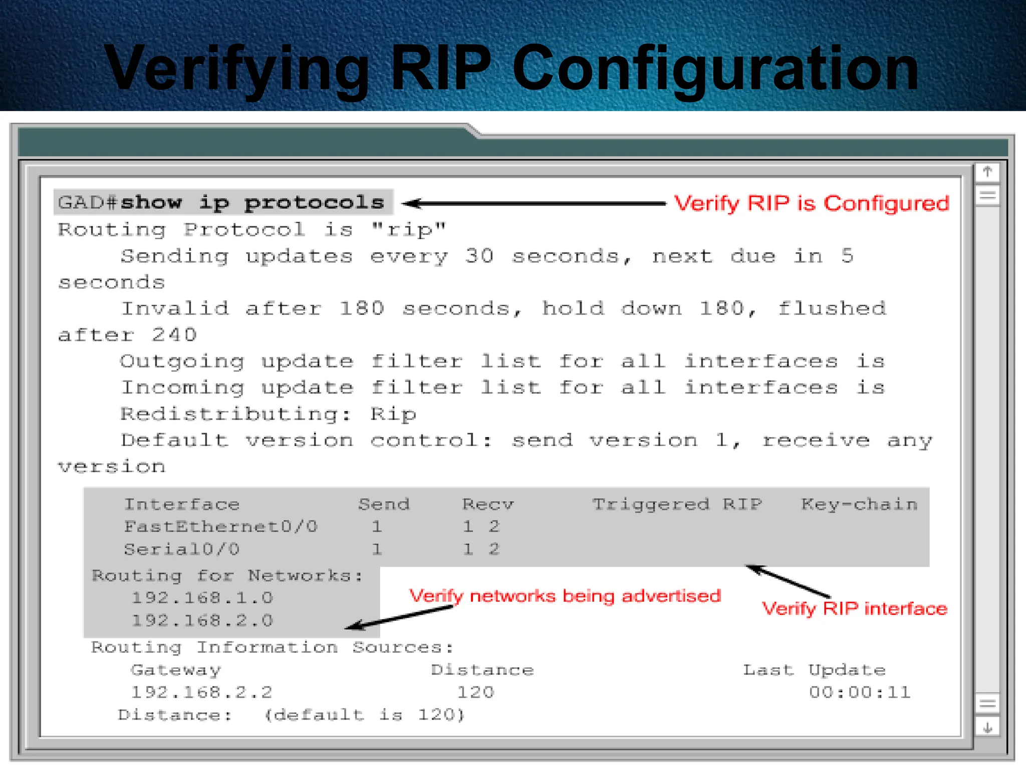 265
Verifying RIP Configuration
 
