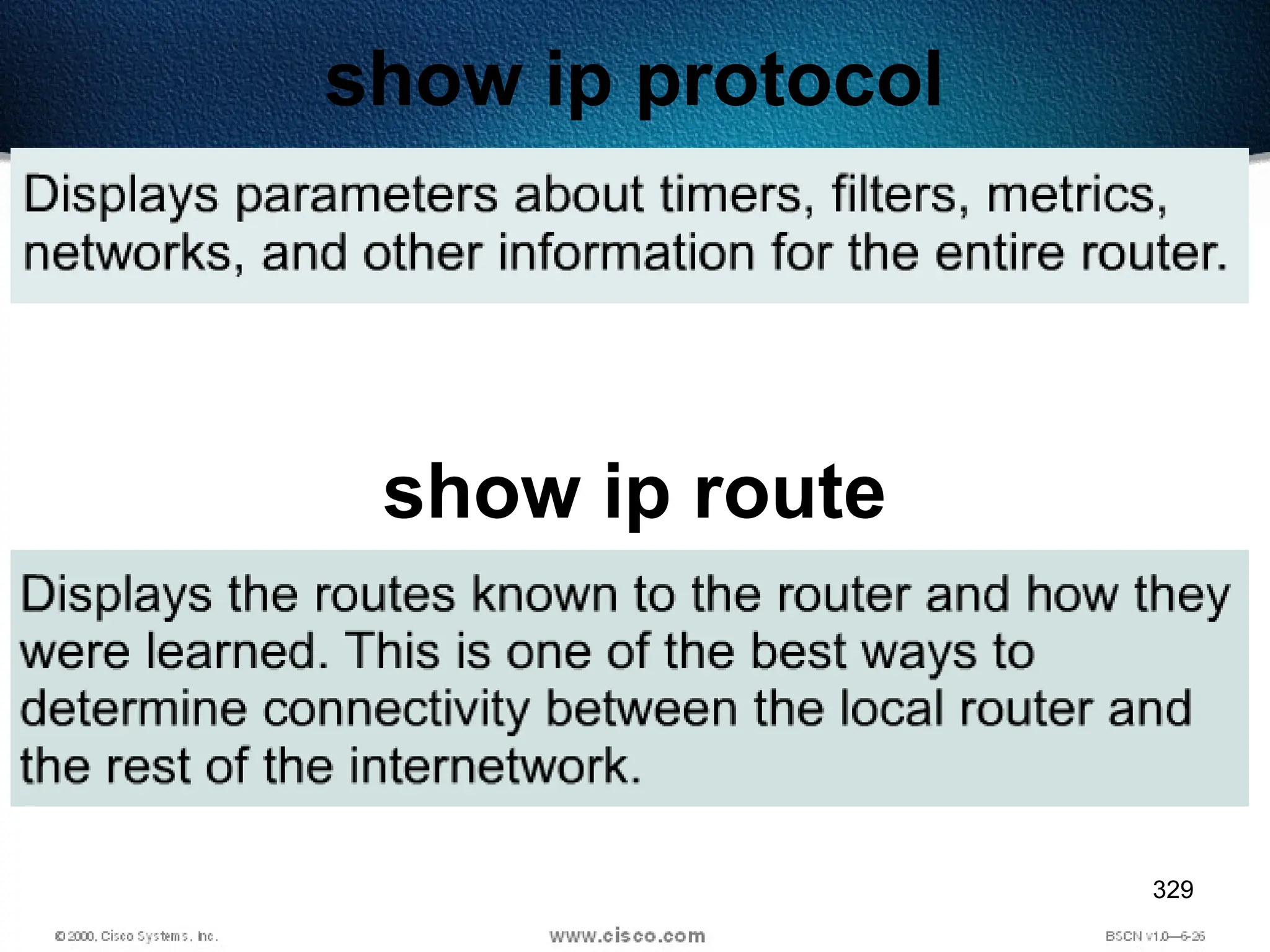 329
show ip protocol
show ip route
 
