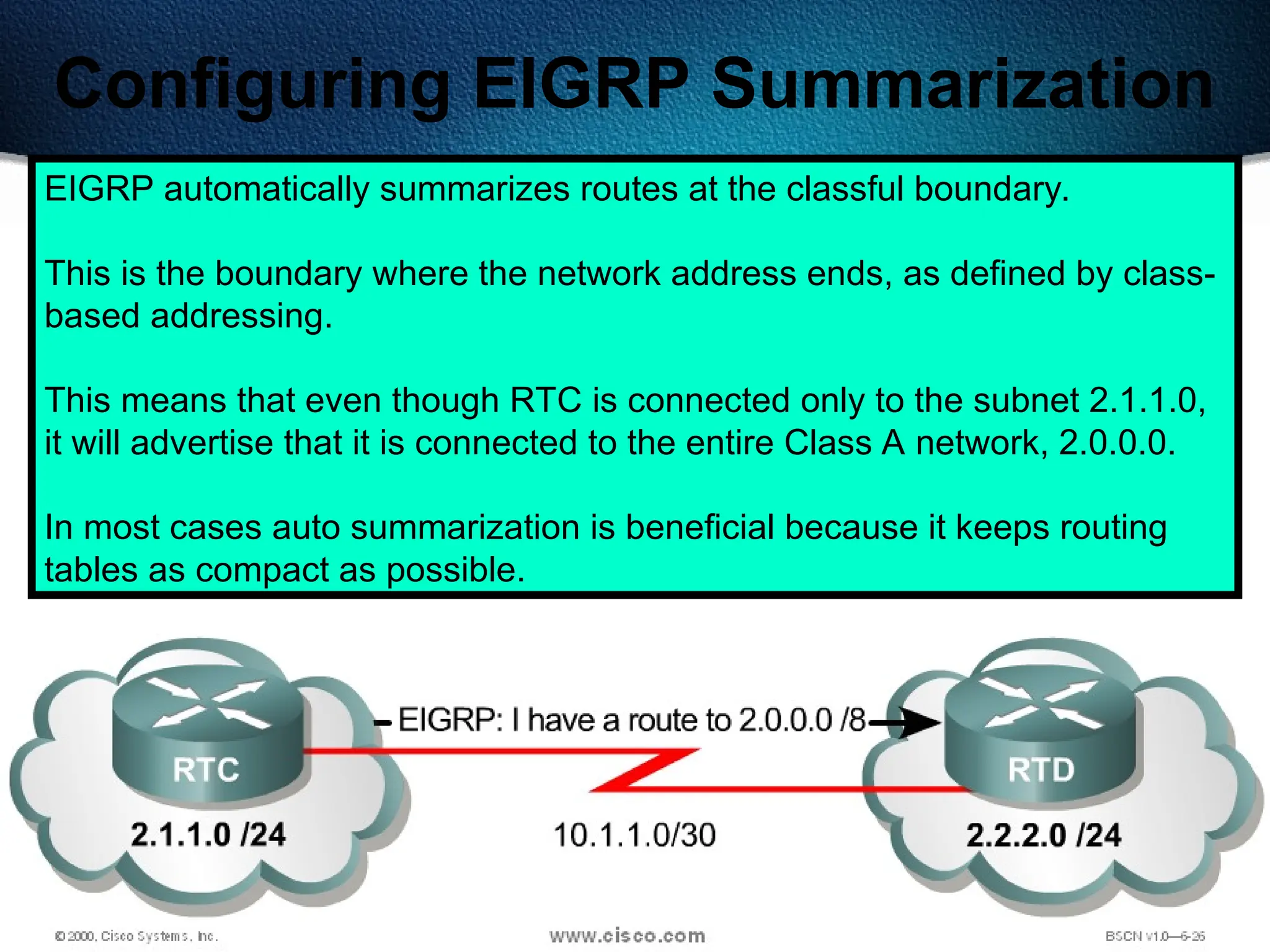 355
Configuring EIGRP Summarization
EIGRP automatically summarizes routes at the classful boundary.
This is the boundary where the network address ends, as defined by class-
based addressing.
This means that even though RTC is connected only to the subnet 2.1.1.0,
it will advertise that it is connected to the entire Class A network, 2.0.0.0.
In most cases auto summarization is beneficial because it keeps routing
tables as compact as possible.
 
