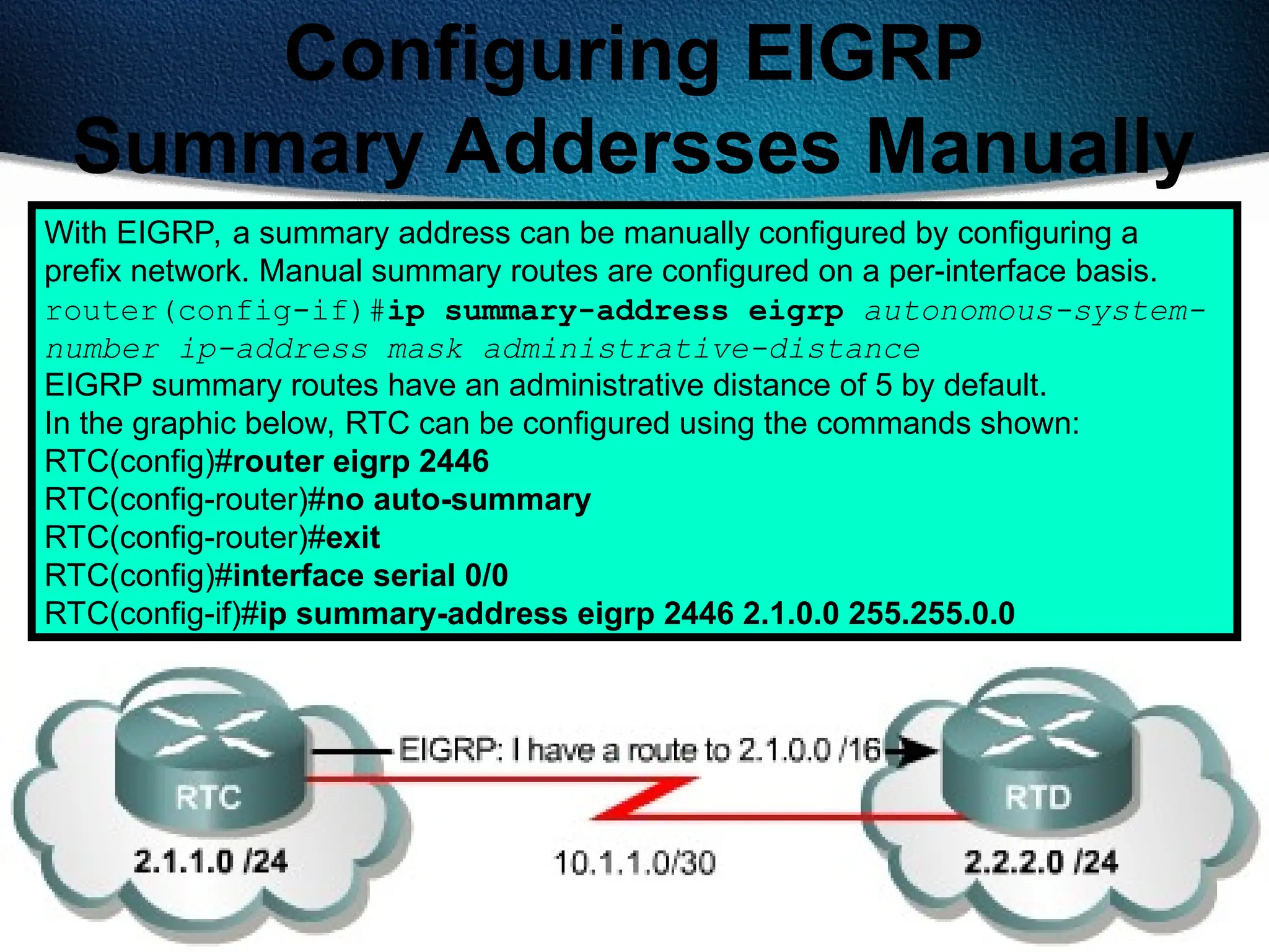 357
Configuring EIGRP
Summary Addersses Manually
With EIGRP, a summary address can be manually configured by configuring a
prefix network. Manual summary routes are configured on a per-interface basis.
router(config-if)#ip summary-address eigrp autonomous-system-
number ip-address mask administrative-distance
EIGRP summary routes have an administrative distance of 5 by default.
In the graphic below, RTC can be configured using the commands shown:
RTC(config)#router eigrp 2446
RTC(config-router)#no auto-summary
RTC(config-router)#exit
RTC(config)#interface serial 0/0
RTC(config-if)#ip summary-address eigrp 2446 2.1.0.0 255.255.0.0
 