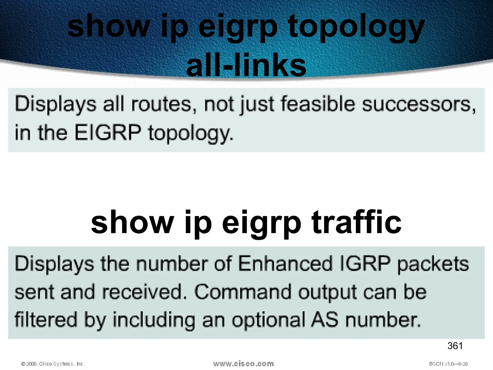 361
show ip eigrp topology
all-links
show ip eigrp traffic
 