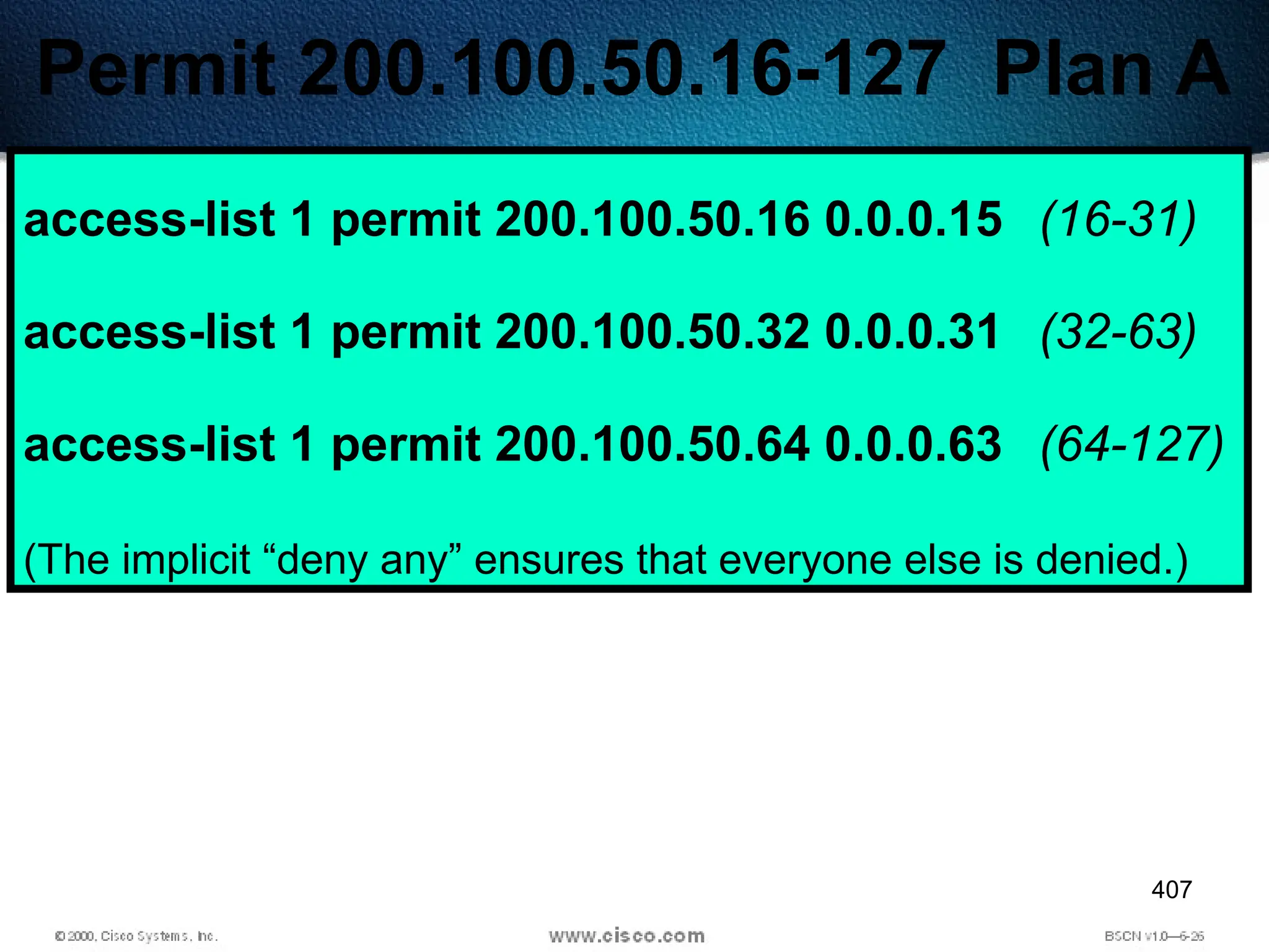 407
Permit 200.100.50.16-127 Plan A
access-list 1 permit 200.100.50.16 0.0.0.15 (16-31)
access-list 1 permit 200.100.50.32 0.0.0.31 (32-63)
access-list 1 permit 200.100.50.64 0.0.0.63 (64-127)
(The implicit “deny any” ensures that everyone else is denied.)
 