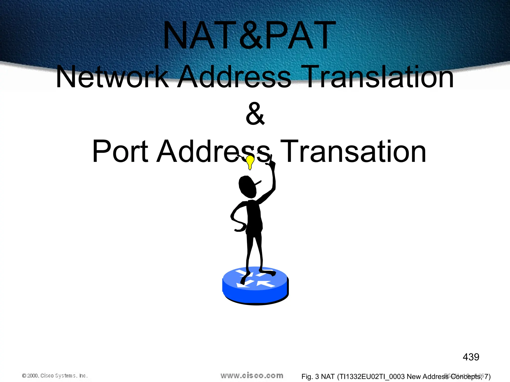 439
NAT&PAT
Network Address Translation
&
Port Address Transation
Fig. 3 NAT (TI1332EU02TI_0003 New Address Concepts, 7)
 