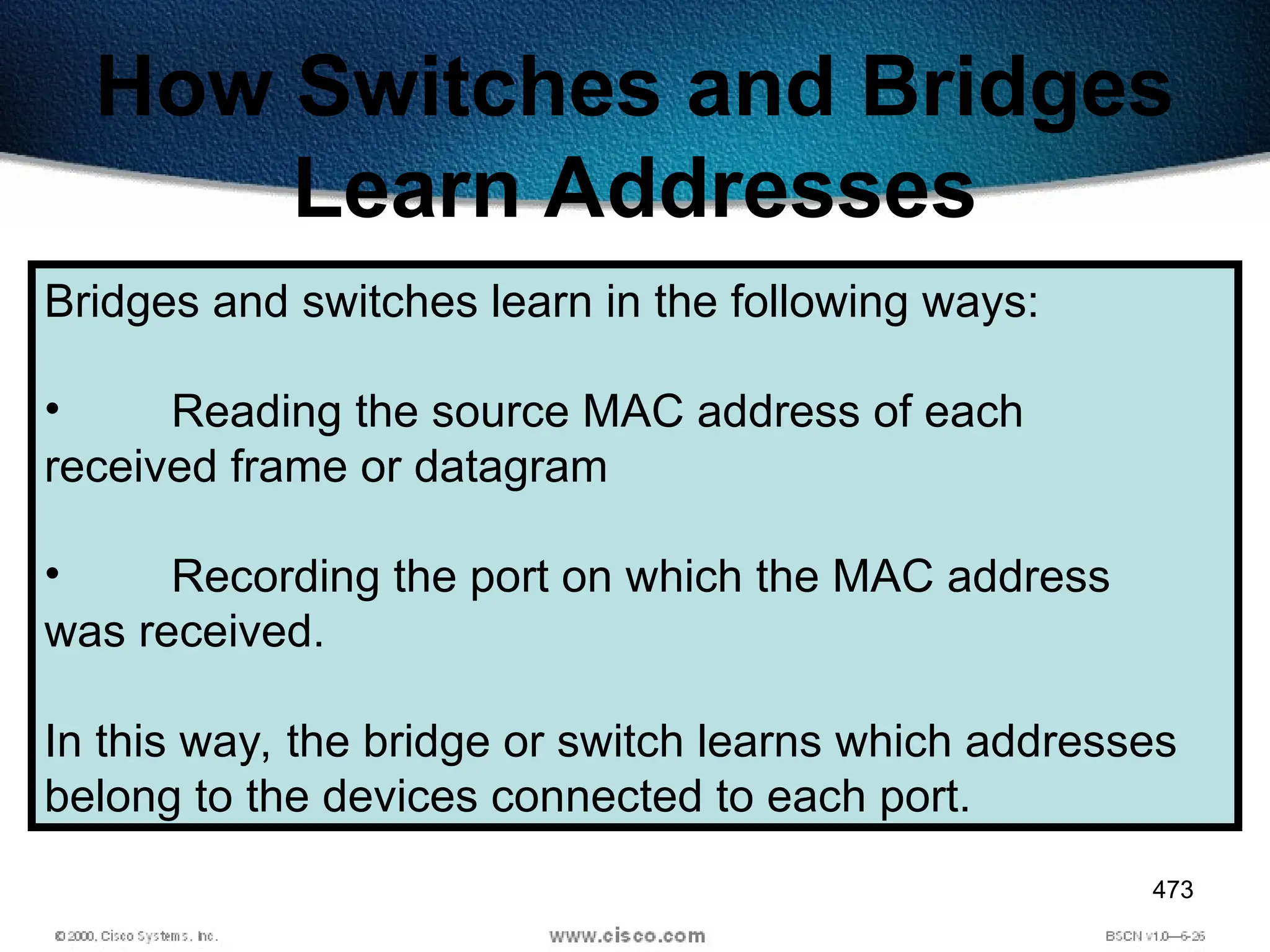 473
How Switches and Bridges
Learn Addresses
Bridges and switches learn in the following ways:
• Reading the source MAC address of each
received frame or datagram
• Recording the port on which the MAC address
was received.
In this way, the bridge or switch learns which addresses
belong to the devices connected to each port.
 