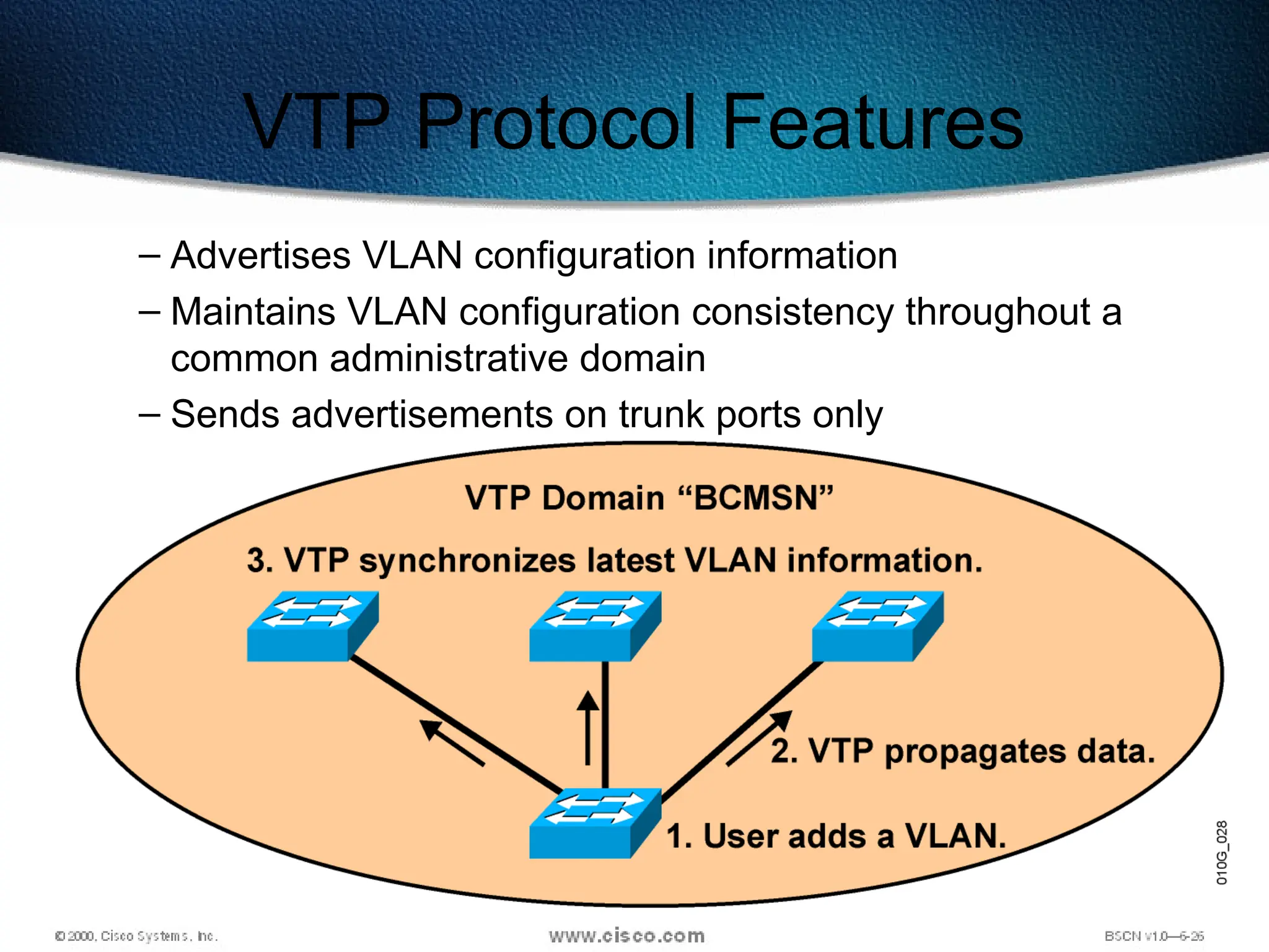 539
– Advertises VLAN configuration information
– Maintains VLAN configuration consistency throughout a
common administrative domain
– Sends advertisements on trunk ports only
VTP Protocol Features
 