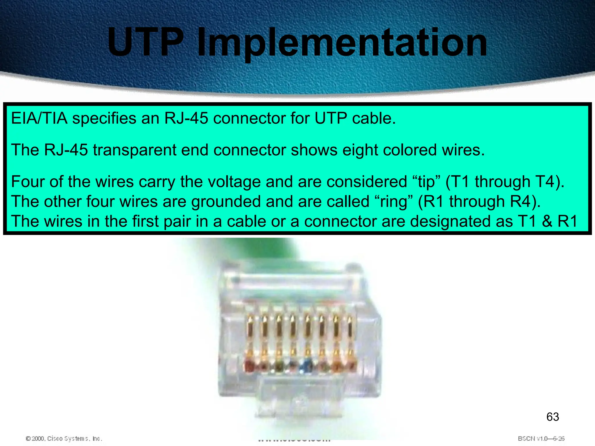 63
UTP Implementation
EIA/TIA specifies an RJ-45 connector for UTP cable.
The RJ-45 transparent end connector shows eight colored wires.
Four of the wires carry the voltage and are considered “tip” (T1 through T4).
The other four wires are grounded and are called “ring” (R1 through R4).
The wires in the first pair in a cable or a connector are designated as T1 & R1
 