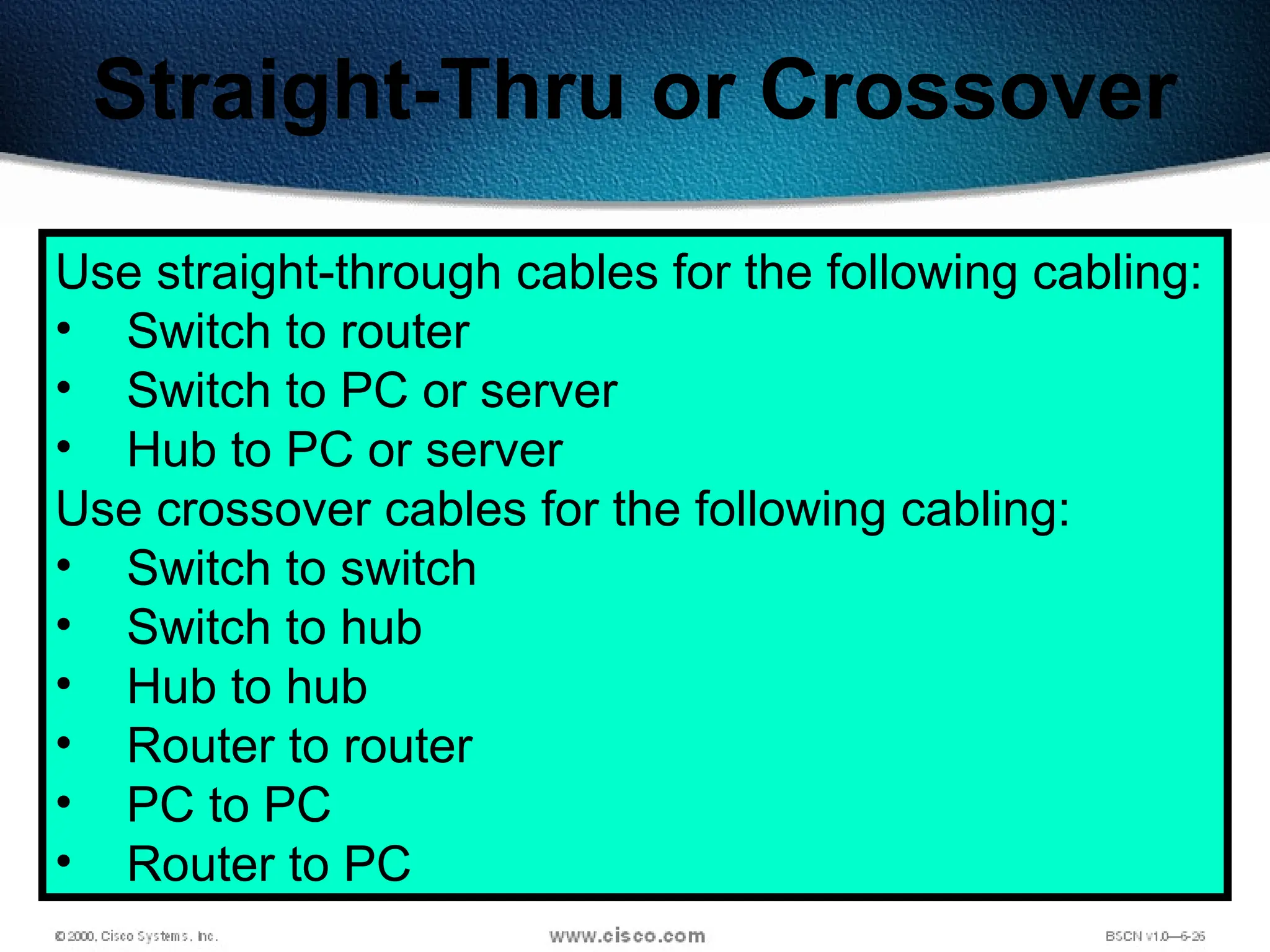 67
Straight-Thru or Crossover
Use straight-through cables for the following cabling:
• Switch to router
• Switch to PC or server
• Hub to PC or server
Use crossover cables for the following cabling:
• Switch to switch
• Switch to hub
• Hub to hub
• Router to router
• PC to PC
• Router to PC
 