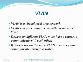 VLAN
 VLAN is a virtual local area network.
 VLAN can not communicate without network
layer.
 Devices on different VLAN must have a router to
communicate with each other.
 If devices are on the same VLAN, then they can
communicate through a switch.
6/1/2019 SMS INSTITUTE OF TECHNOLOGY, LUCKNOW 35
 