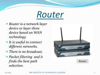 Router
 Router is a network layer
device or layer three
device based on WAN
technology.
 It is useful to connect
different networks.
 There is no broadcast.
 Packet filtering and it
finds the best path
selection.
Router
6/1/2019 7SMS INSTITUTE OF TECHNOLOGY, LUCKNOW
 