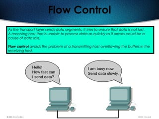 109
Flow Control
As the transport layer sends data segments, it tries to ensure that data is not lost.
A receiving host that is unable to process data as quickly as it arrives could be a
cause of data loss.
Flow control avoids the problem of a transmitting host overflowing the buffers in the
receiving host.
 
