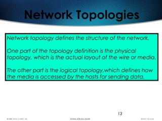 13
Network Topologies
Network topology defines the structure of the network.
One part of the topology definition is the physical
topology, which is the actual layout of the wire or media.
The other part is the logical topology,which defines how
the media is accessed by the hosts for sending data.
 
