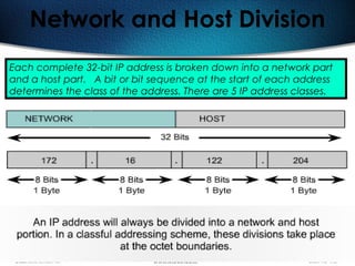 132
Network and Host Division
Each complete 32-bit IP address is broken down into a network part
and a host part. A bit or bit sequence at the start of each address
determines the class of the address. There are 5 IP address classes.
 