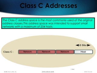 135
Class C Addresses
The Class C address space is the most commonly used of the original
address classes.This address space was intended to support small
networks with a maximum of 254 hosts.
 