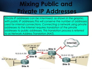 146
Mixing Public and
Private IP Addresses
Private IP addresses can be intermixed, as shown in the graphic,
with public IP addresses.This will conserve the number of addresses
used for internal connections. Connecting a network using private
addresses to the Internet requires translation of the private
addresses to public addresses. This translation process is referred
to as Network Address Translation (NAT).
 